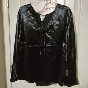 Black Satin Blouse with Tie Front